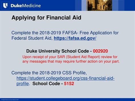 Duke fafsa code - Completing the Application. These colleges need to understand your financial situation in the context of your local economy. The CSS Profile application will collect information about your family's income, assets, and expenses. You or your parents will be able to enter the information in your home currency—we'll do the currency conversion ...